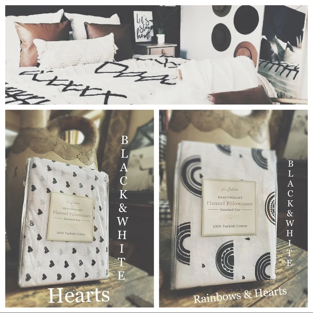 Standard Flannel Pillowcases - Black & White Rainbows/Hearts - Turkish Cotton